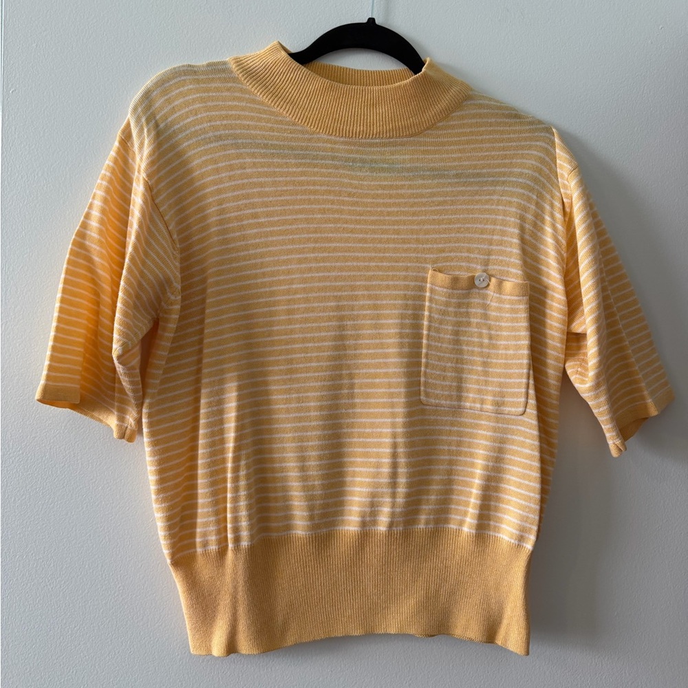 Vintage Liz Claiborne Yellow and White Striped Short Sleeve Pocket Sweater